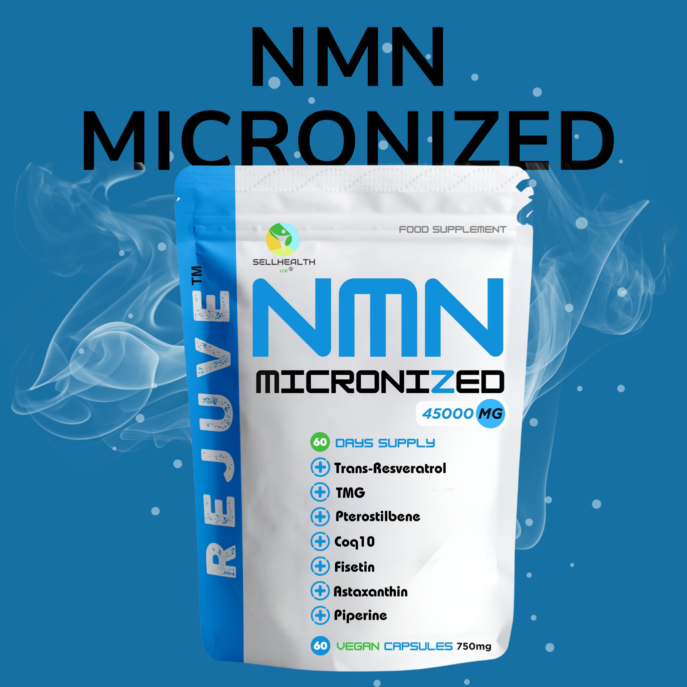 REJUVE NMN Micronized supplement packet, 45000 mg, featuring vegan capsules for anti-aging support.