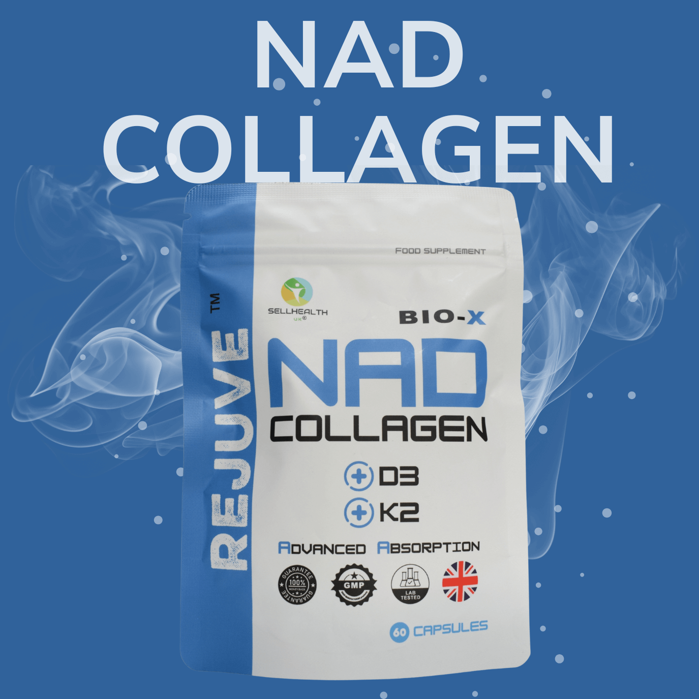 REJUVE BIO-X NAD Collagen supplement packet with D3 and K2 for advanced absorption and anti-aging benefits.