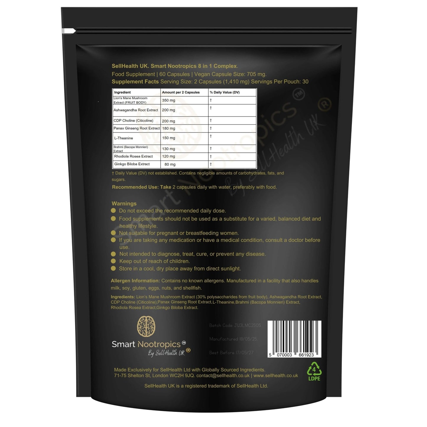 Smart Nootropics 8 - in - 1 Advanced Cognitive Essential Formula 60 Capsules - SellHealth UK