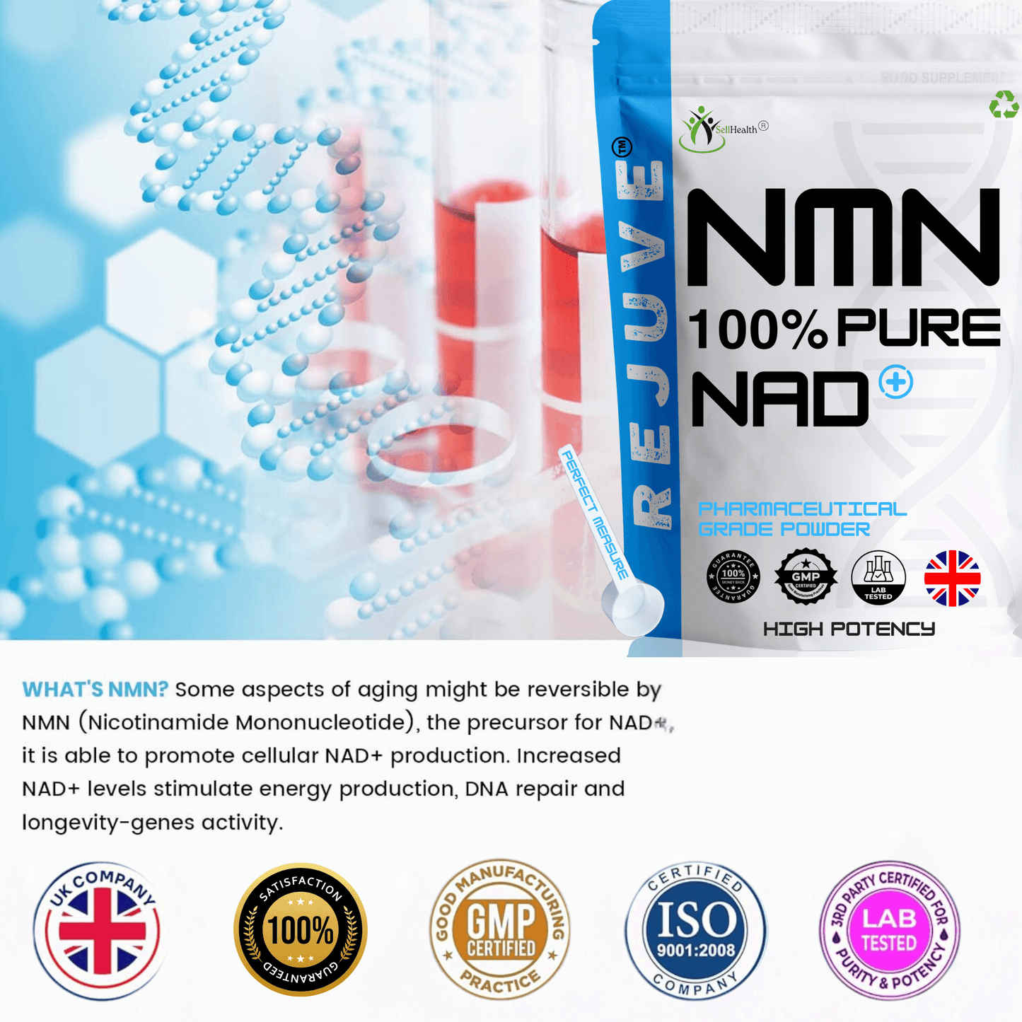 Pure Rejuve® NMN 99.93%+ Pharmaceutical Grade Nicotinamide Mononucleotide Powder + Measure & FREE NMN eBook