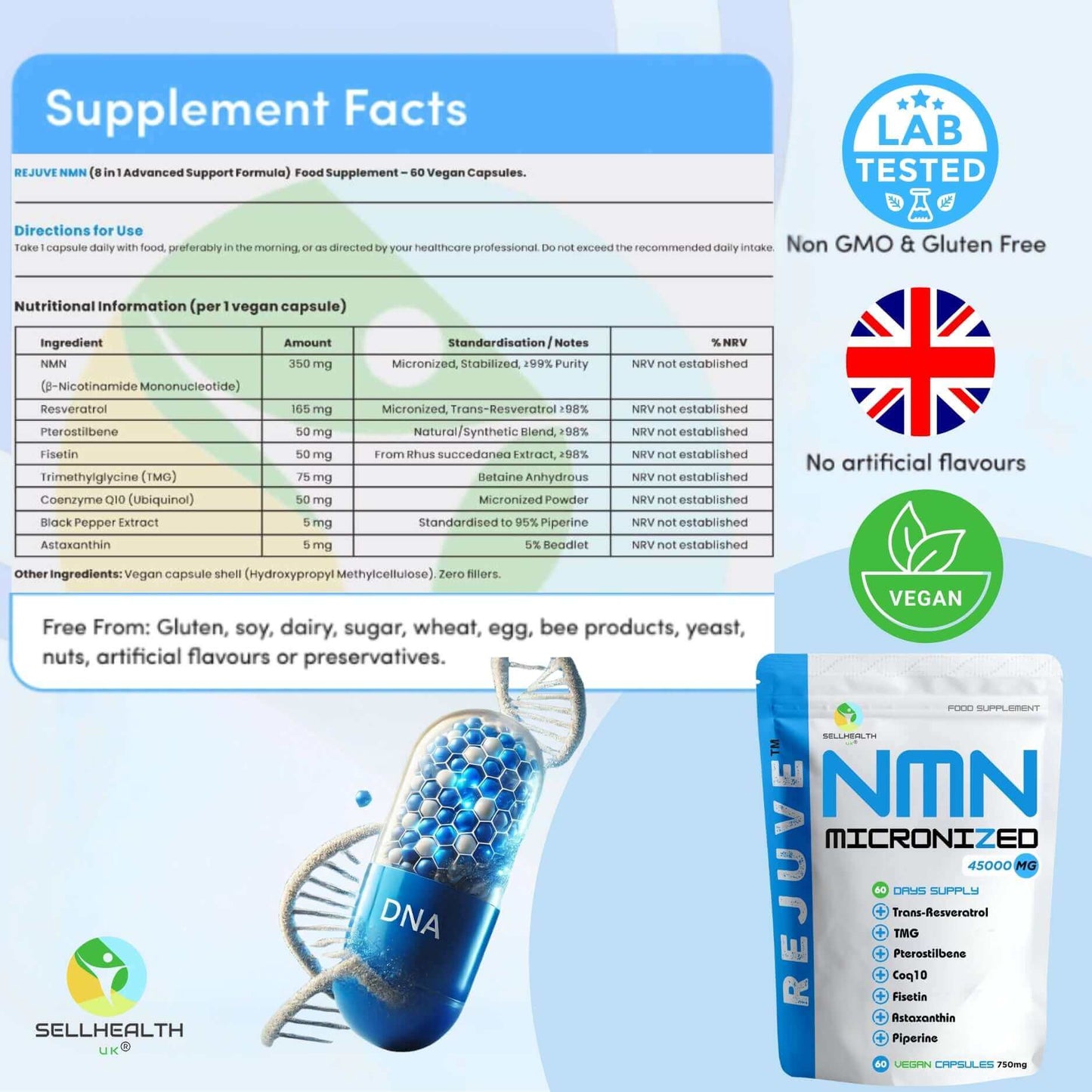 Supplement facts for REJUVE NMN Blend, highlighting vegan, non-GMO, and gluten-free attributes with product packaging.