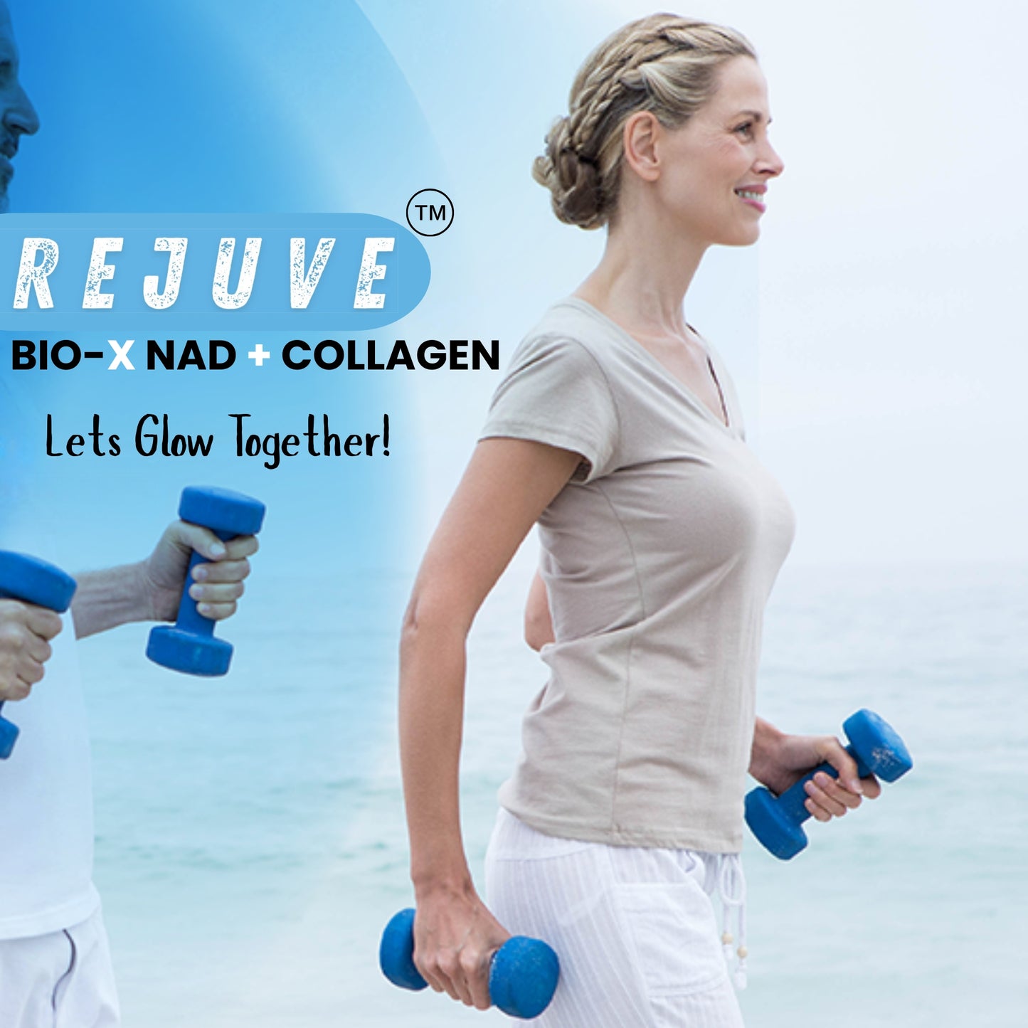 Woman exercising by the beach with blue dumbbells, promoting REJUVE BIO-X NAD+ Collagen for anti-aging and health.