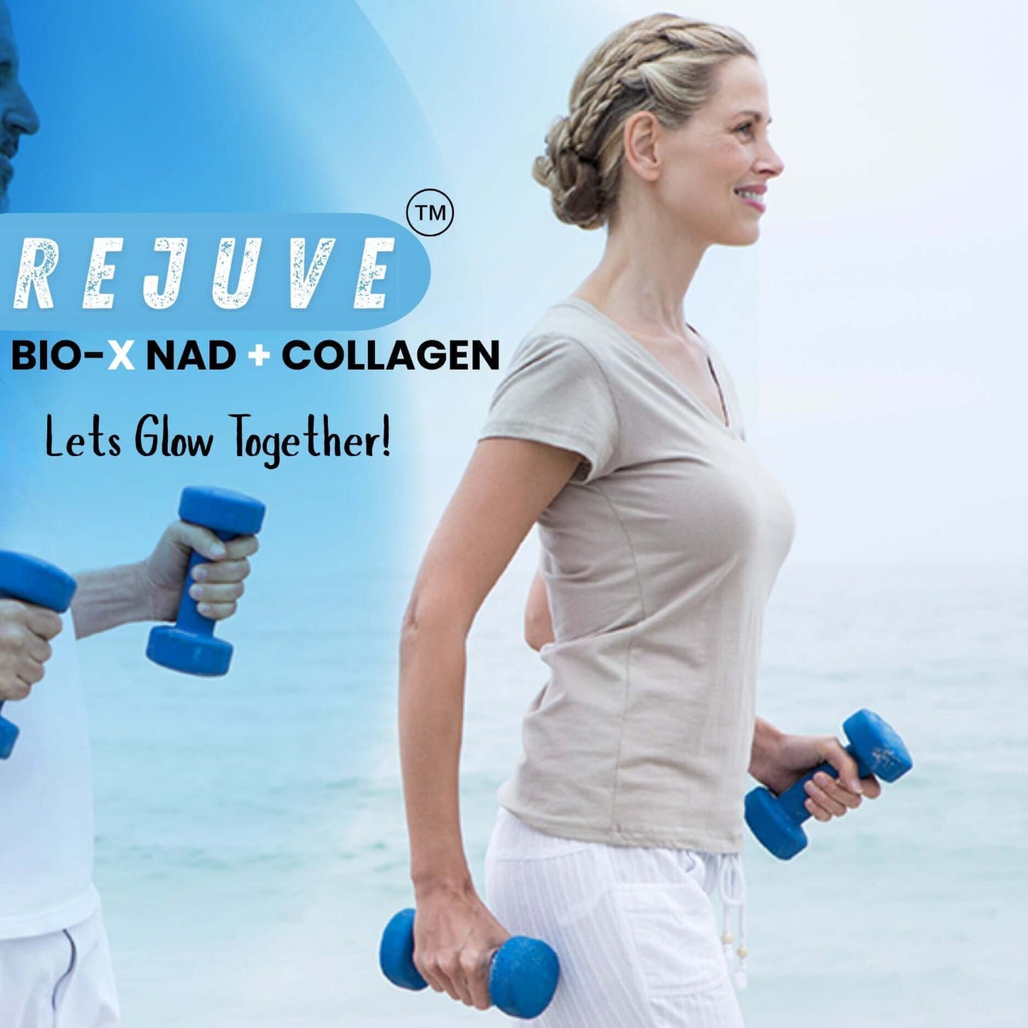 Woman exercising by the beach with blue dumbbells, promoting REJUVE BIO-X NAD+ Collagen for anti-aging and health.