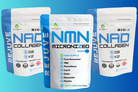 Longevity Pack: REJUVE NMN Micronized and BIO-X NAD+ Collagen, anti-aging supplements for skin health and energy.