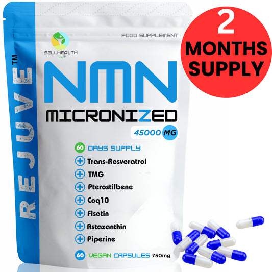 REJUVE™ Micronized NMN supplement pack, 45000mg, 60 vegan capsules, 2 months supply, anti-aging formula.