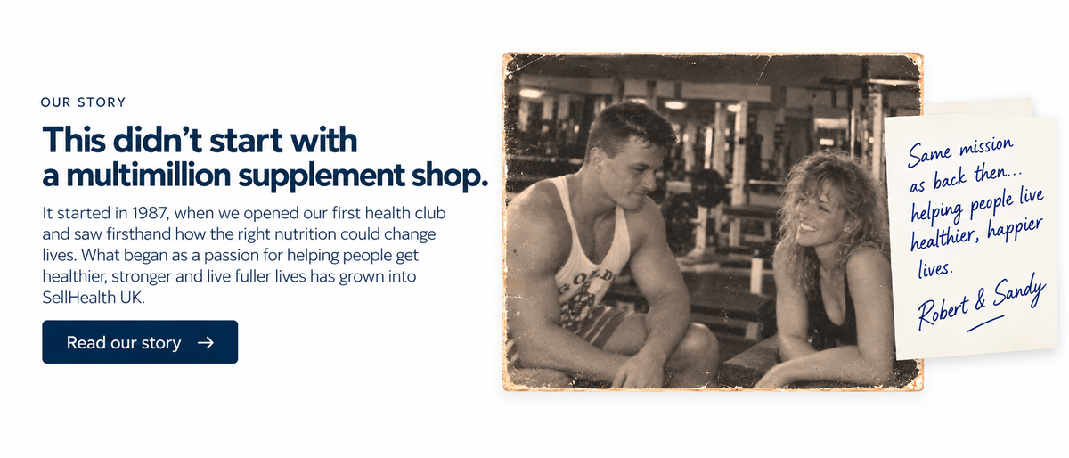 Robert and Sandy as young health club owners in the 1980s, with a handwritten note: Same mission as back then, helping people live healthier, happier lives. Robert and Sandy.