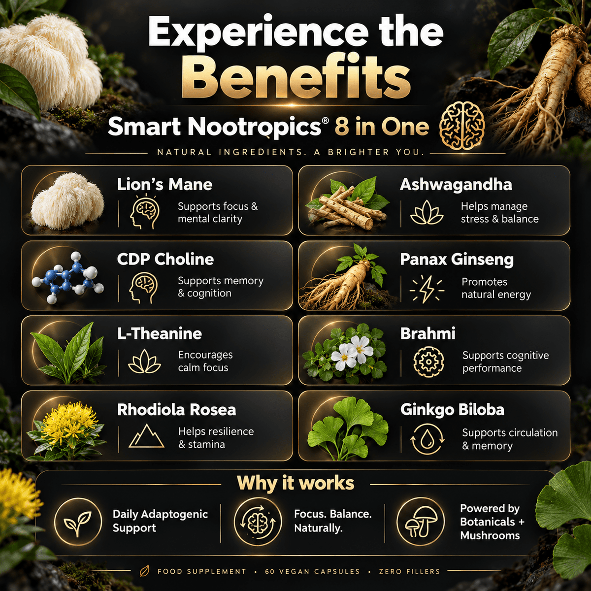 Smart Nootropics® 8-in-1 caffeine-free capsules, 60 capsules