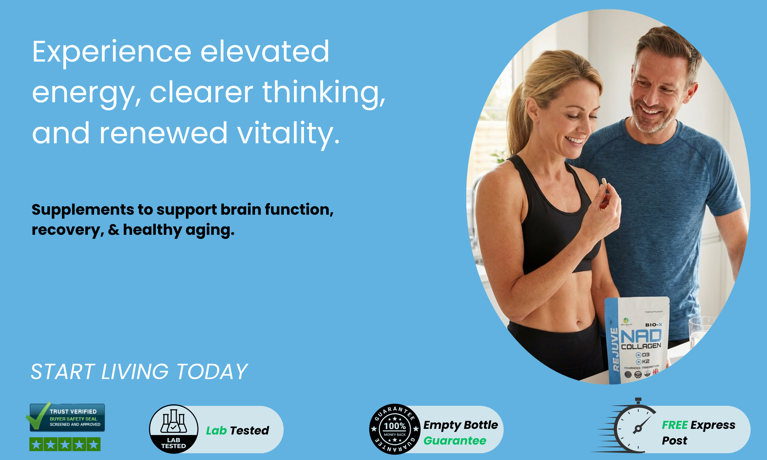 Advertisement for supplements with a man and woman holding a supplement container, set against a blue background.