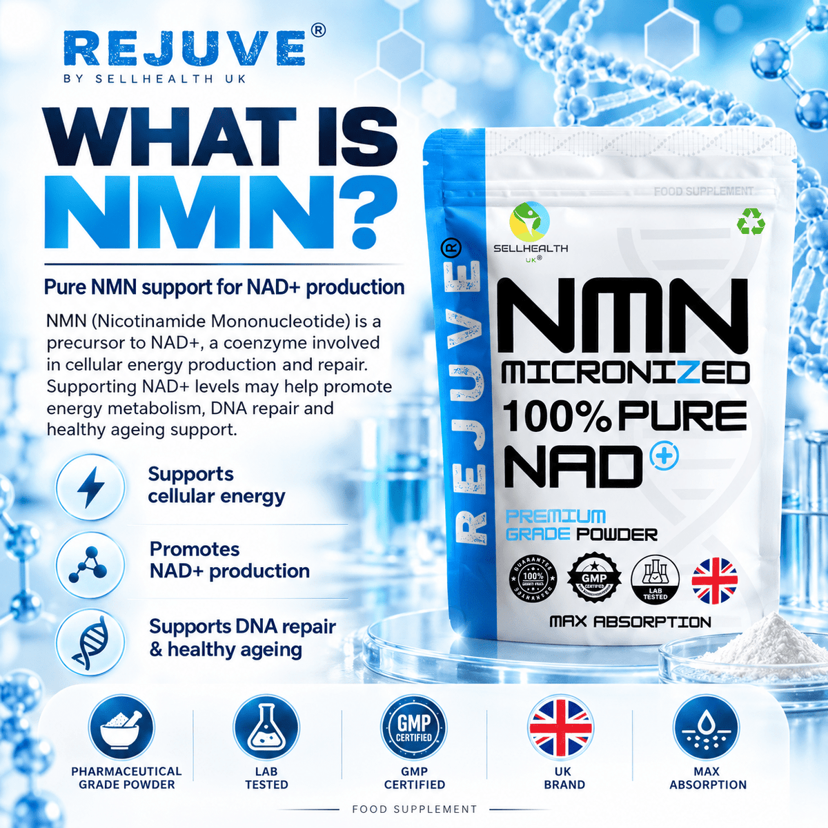 REJUVE® Pure NMN Powder – Micronized, with Measuring Scoop - SellHealth UK