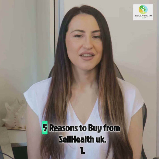 Woman explaining reasons to buy from SellHealth UK, promoting their health products.